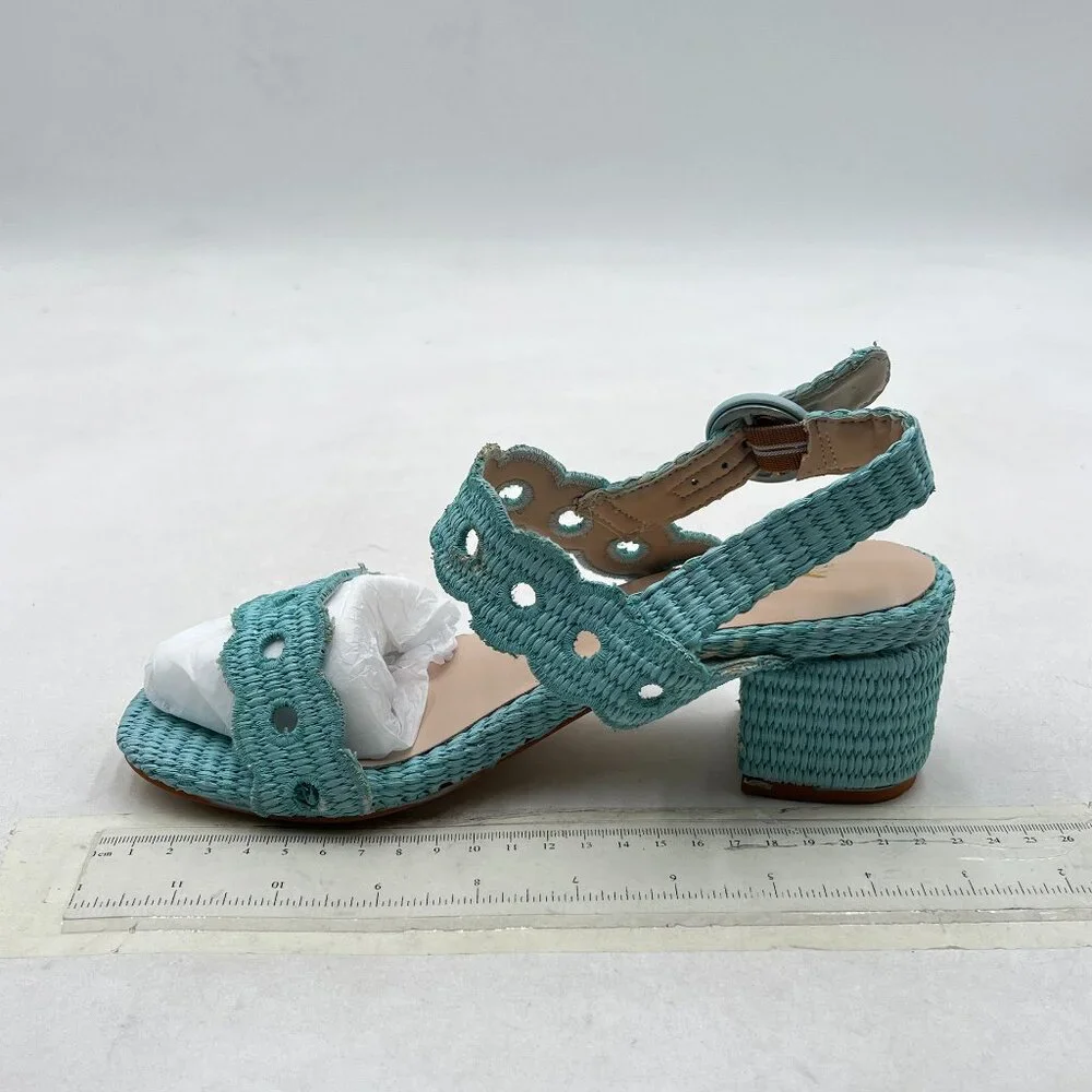 XYD Blue Raffia Sandals with Holes Block Low Heels Buckled Slingback Straps Shoe